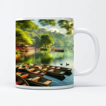 Rowboats on Calm Lake Green Trees