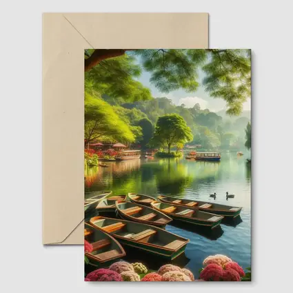 Rowboats on Calm Lake Green Trees
