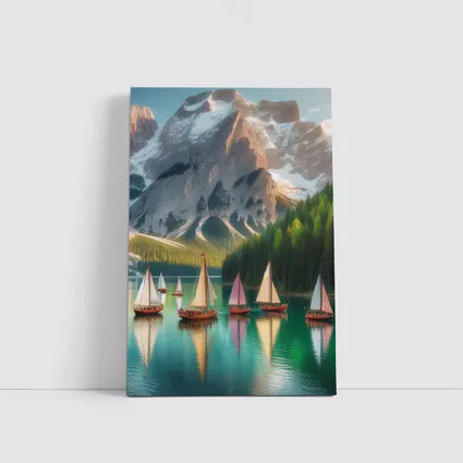 Colorful Sailboats Alpine Mountain Lake Scene