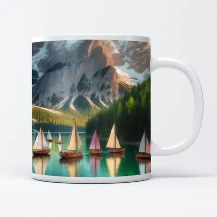 Colorful Sailboats Alpine Mountain Lake Scene