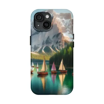 Colorful Sailboats Alpine Mountain Lake Scene