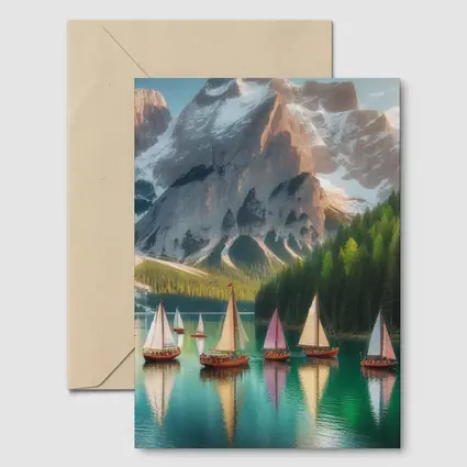 Colorful Sailboats Alpine Mountain Lake Scene