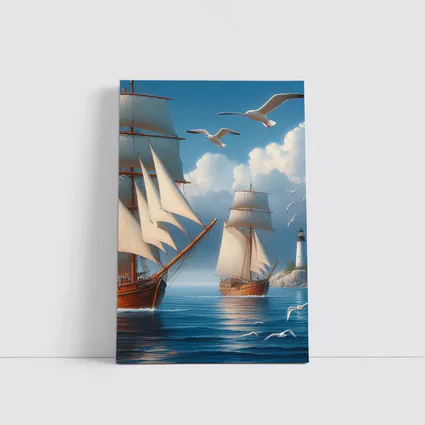 Tall Ships Sailing Near Lighthouse Seagulls