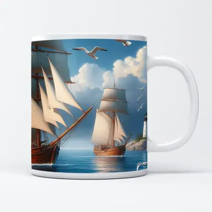 Tall Ships Sailing Near Lighthouse Seagulls