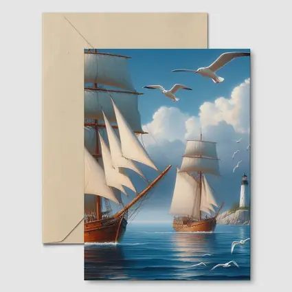 Tall Ships Sailing Near Lighthouse Seagulls