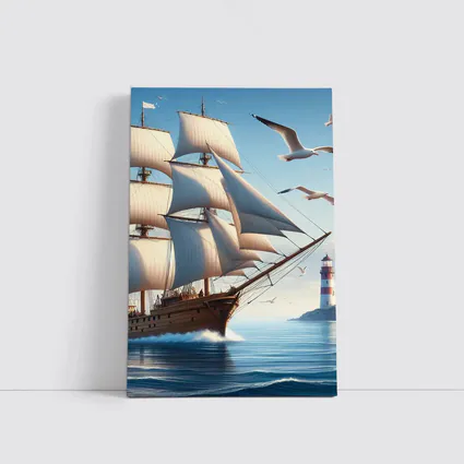 Tall Ship Sailing Ocean Lighthouse Seagulls
