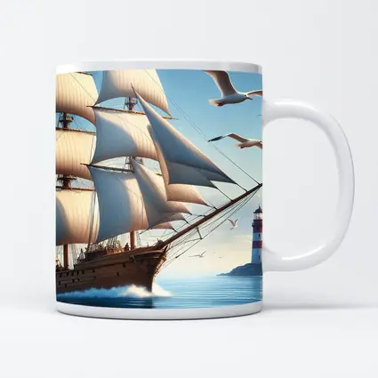 Tall Ship Sailing Ocean Lighthouse Seagulls