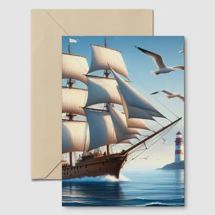 Tall Ship Sailing Ocean Lighthouse Seagulls