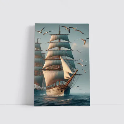 Tall Ship Sailing Ocean With Seagulls