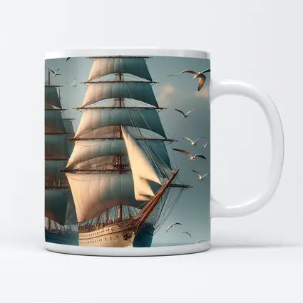 Tall Ship Sailing Ocean With Seagulls