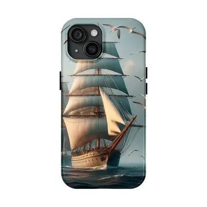 Tall Ship Sailing Ocean With Seagulls