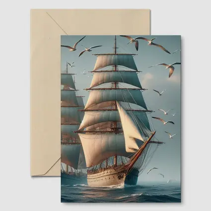Tall Ship Sailing Ocean With Seagulls
