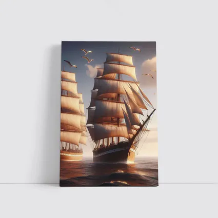 Tall Ships Sailing Ocean Warm Sunset Light