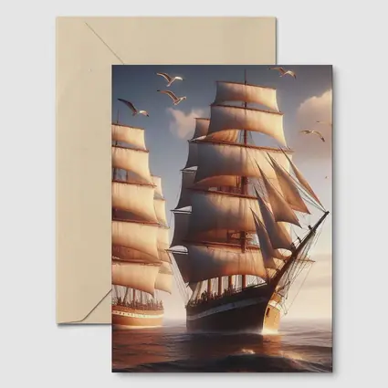 Tall Ships Sailing Ocean Warm Sunset Light