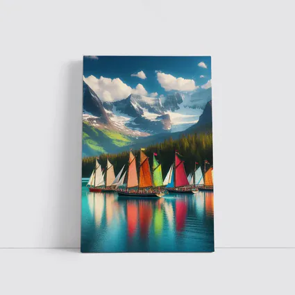 Colorful Sailboats on Mountain Lake