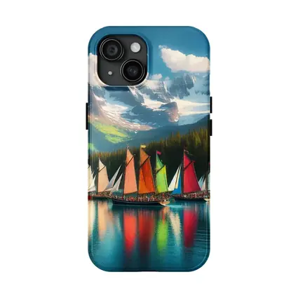 Colorful Sailboats on Mountain Lake
