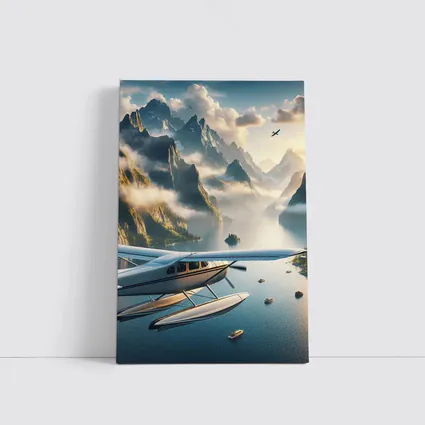 Seaplane Flying Over Mountain Lake Landscape