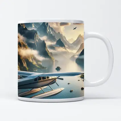 Seaplane Flying Over Mountain Lake Landscape