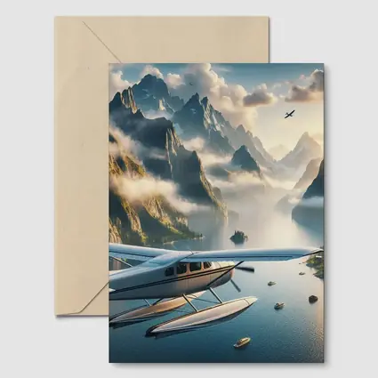 Seaplane Flying Over Mountain Lake Landscape