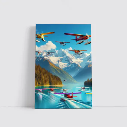 Colorful Seaplanes Flying Over Mountain Lake
