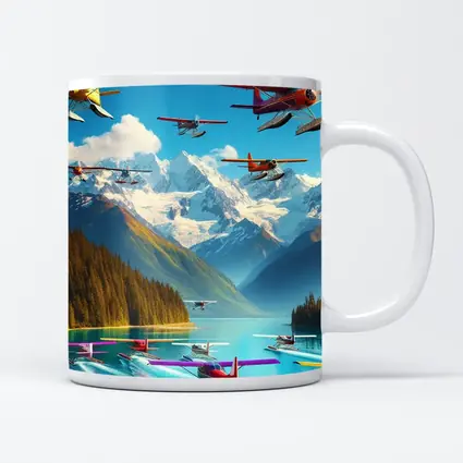 Colorful Seaplanes Flying Over Mountain Lake