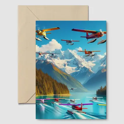 Colorful Seaplanes Flying Over Mountain Lake