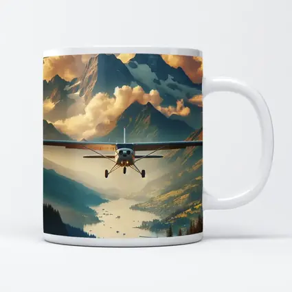 Small Plane Flying Over Alpine Mountain Lake