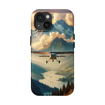 Small Plane Flying Over Alpine Mountain Lake