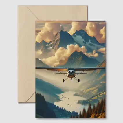 Small Plane Flying Over Alpine Mountain Lake