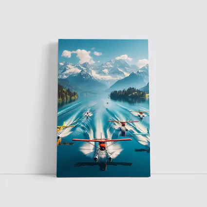 Seaplanes Taking Off Alpine Mountain Lake