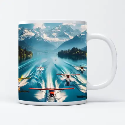Seaplanes Taking Off Alpine Mountain Lake