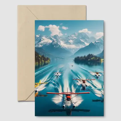 Seaplanes Taking Off Alpine Mountain Lake