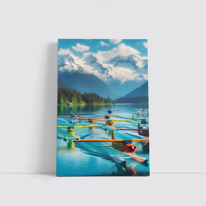 Colorful Seaplanes Floating on Mountain Lake