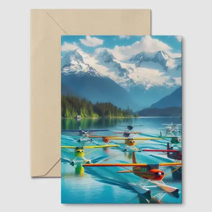 Colorful Seaplanes Floating on Mountain Lake