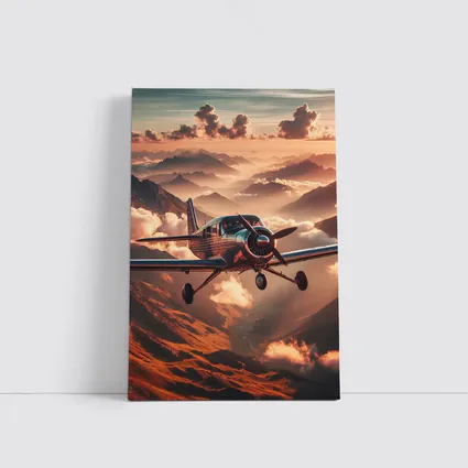 Propeller Plane Flying Over Mountain Sunset