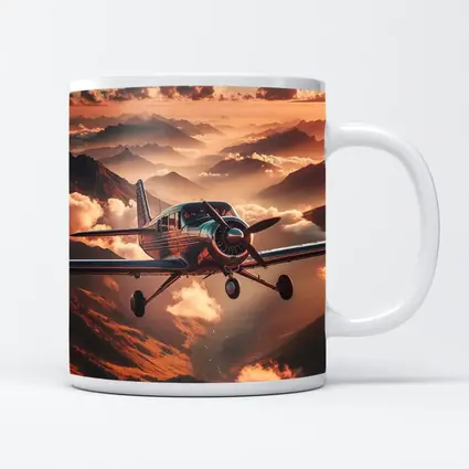 Propeller Plane Flying Over Mountain Sunset