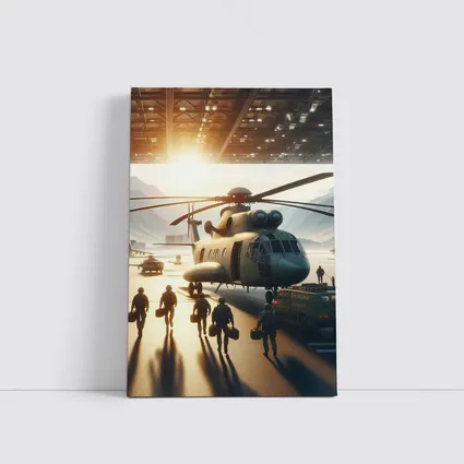 Military Helicopter Crew Hangar Sunlight Scene