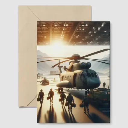 Military Helicopter Crew Hangar Sunlight Scene