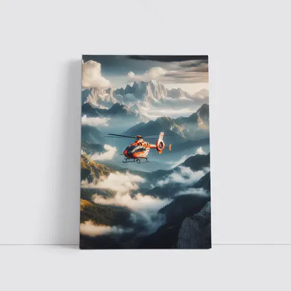 Orange Helicopter Flying Over Misty Mountains