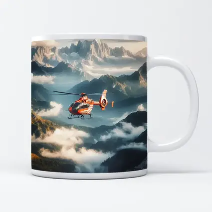 Orange Helicopter Flying Over Misty Mountains