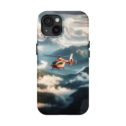 Orange Helicopter Flying Over Misty Mountains