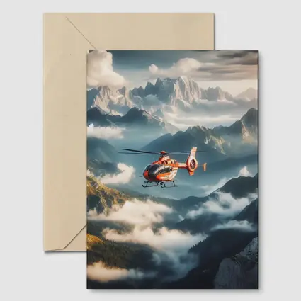 Orange Helicopter Flying Over Misty Mountains