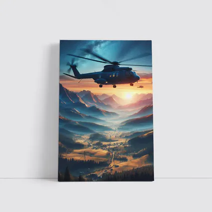 Helicopter Flying Over Mountain Valley Sunset