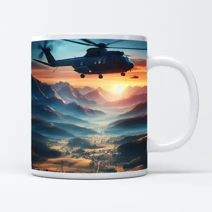 Helicopter Flying Over Mountain Valley Sunset