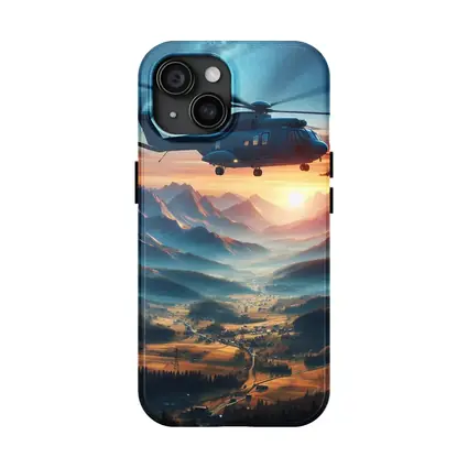 Helicopter Flying Over Mountain Valley Sunset