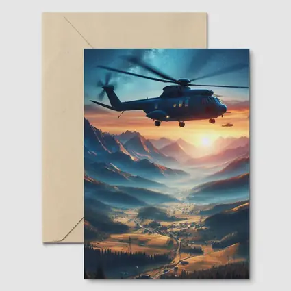 Helicopter Flying Over Mountain Valley Sunset