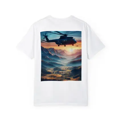 Helicopter Flying Over Mountain Valley Sunset