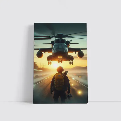 Military Soldier Helicopter Sunset Airfield Scene