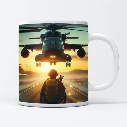 Military Soldier Helicopter Sunset Airfield Scene