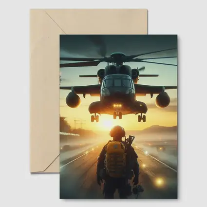 Military Soldier Helicopter Sunset Airfield Scene